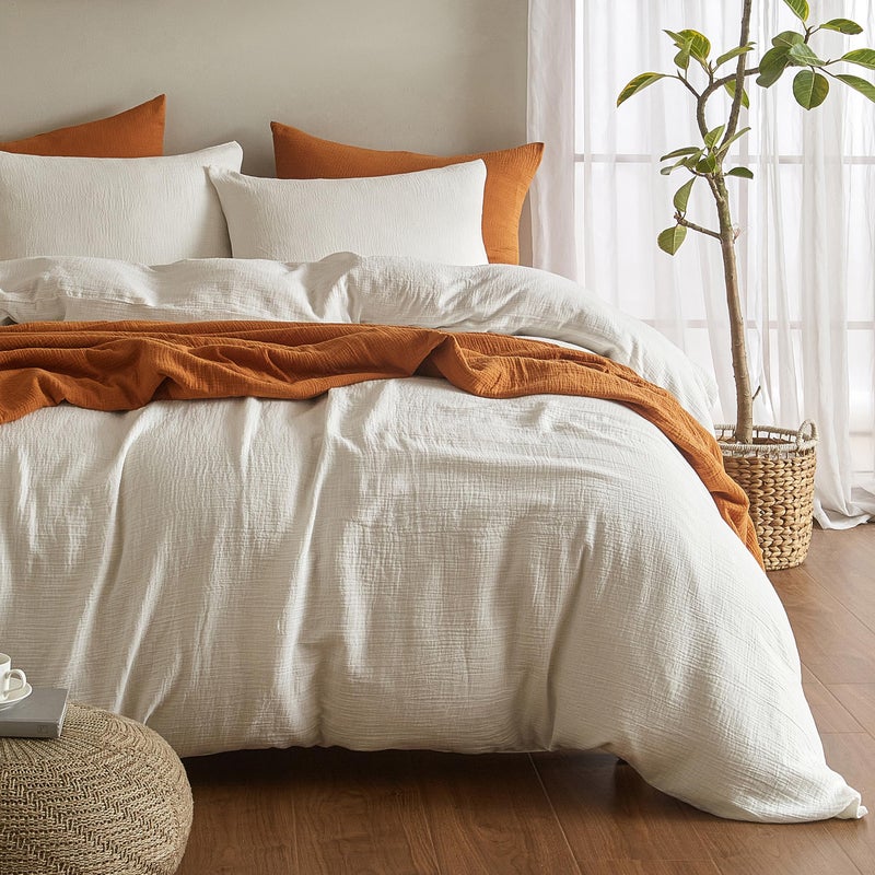 SE SOFTEXLY Muslin Duvet Cover King Size, 100% Washed Cotton Duvet Cover Set, Ultra Soft Comforter Cover Linen Like, 3 Pieces Minimalist Gauze Duvet Cover with 2 Pillowcases, 90"x104", White - Image 1